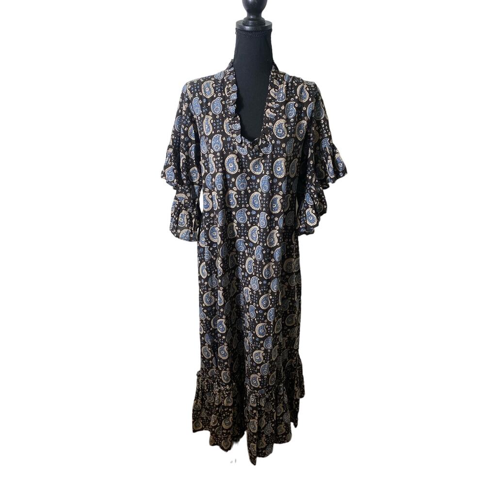 Boho Paisley V-Neck Maxi Dress in Black and Blue
